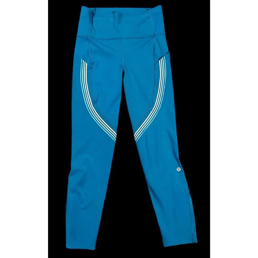 Lululemon Womens Speed Limit Leggings Size 4 Bermuda Teal Striped Length Altered - Picture 1 of 10